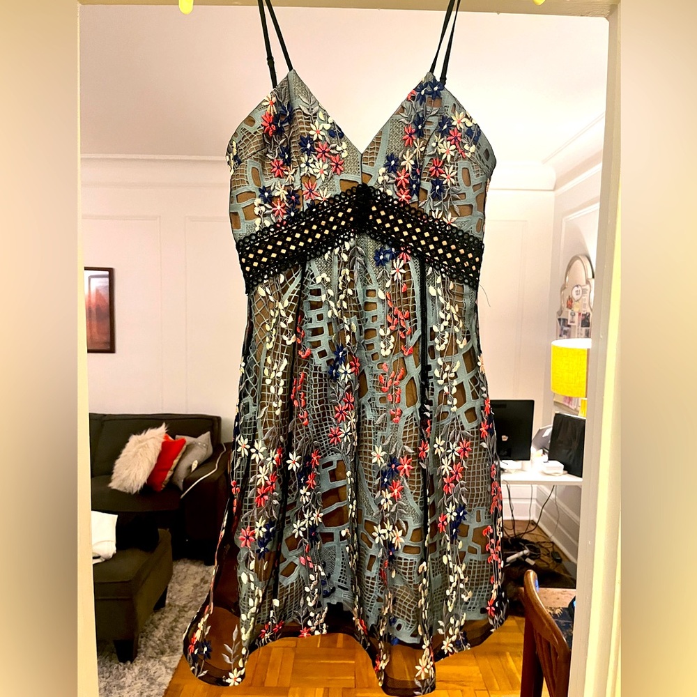 Aqua Mini Dress with floral embroidery - XS